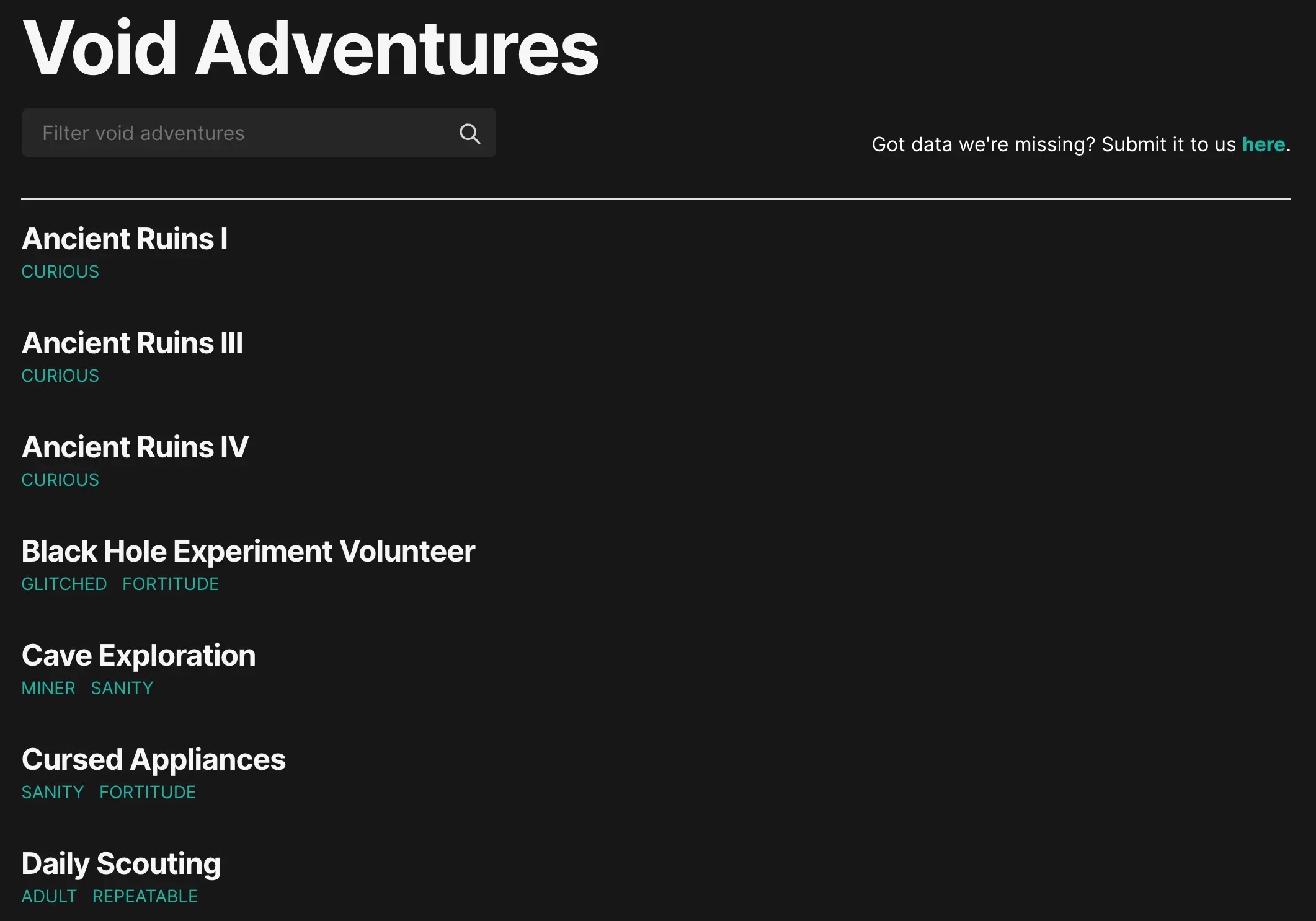 Void Adventures List